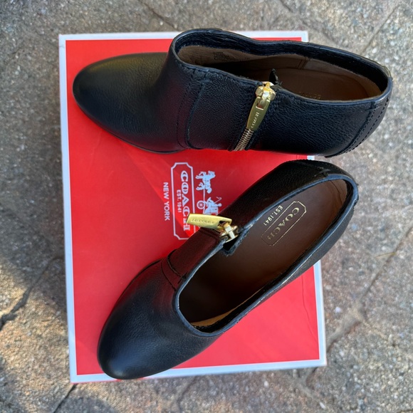 Coach Black Leather Ankle Booties with Gold Zip and Stacked Heel - Picture 2 of 4